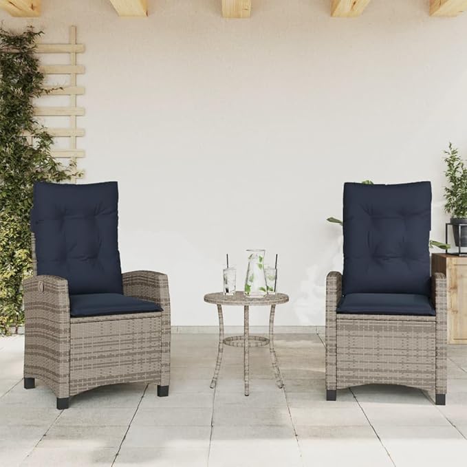 2-Piece Reclining Garden Chair Set with Adjustable Armrests Grey Poly Rattan and Navy Blue Cushions for Patio Outdoor Lounge Furniture with Durable Weather-Resistant