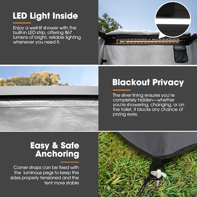 SanHima Awning Shower Tent with 90° Swing Arm - Car Side Shower Room w/LED Light Camping Waterproof Portable Privacy Shelter Bathroom Overland Gray