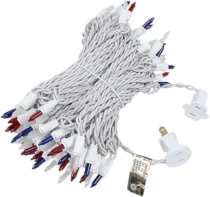 Novelty Lights 50 Feet 100 Bulb Incandescent Mini Light String Red/White/Blue with 6-Inch Spacing on White Wire UL Listed Commercial Grade Indoor/Outdoor Mini Lights Connectable End-to-End