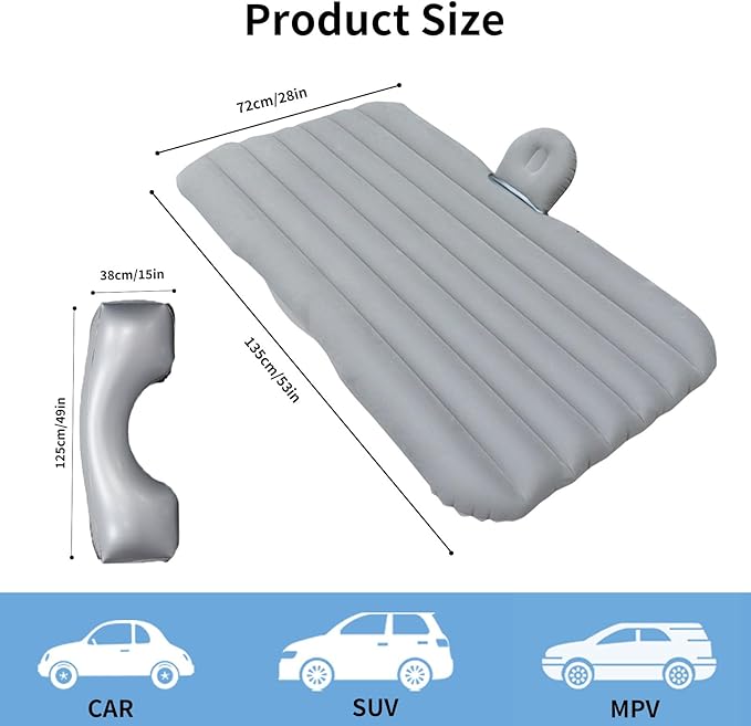 Car Air Mattress Inflatable SUV Truck Camping Mattress for Back Seat Thickened Travel Car Bed Sleeping Pad with Inflatable Pier Air Pump 2 Pillows (Grey)