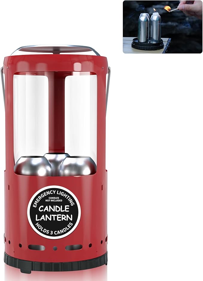 Candle Lantern Decorative 3-Wick Emergency Candlestick Holder for Pillar Candles Portable Red Warmer Lantern Camping Gear for Campers Use Hanging Handheld NO Candles Included