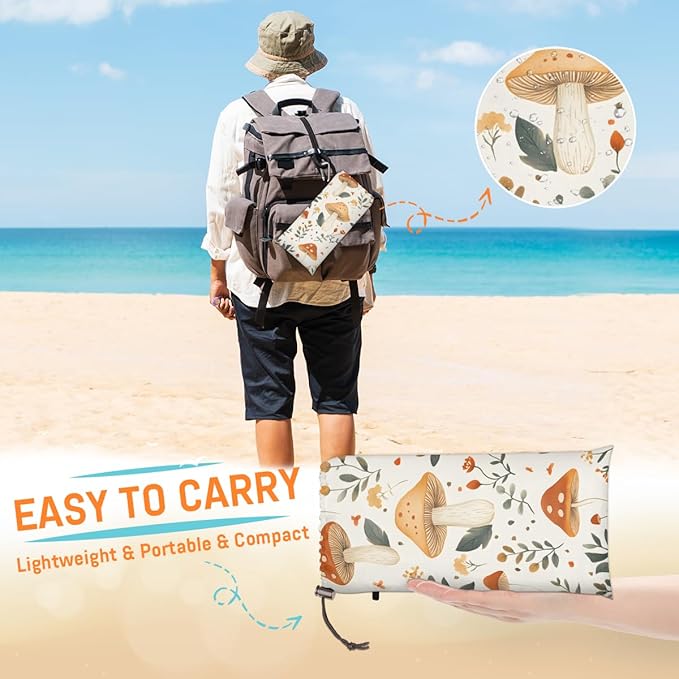 Waterproof Sandproof Beach Blanket 59''×68'' Plant Mushrooms Polyester Outdoor Picnic Blanket with 4 Stakes &amp Storage Bag for BeachCampingVacation White