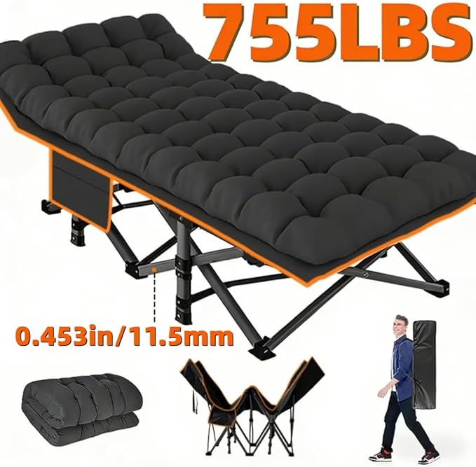 Oversized Heavy-Duty Outdoor Folding Bed with Side Pockets&ampMattress(Mini Model Optional)-755/655/55Lbs Super Capacity Camping CotGarden (Black Upgrade (755lbs)