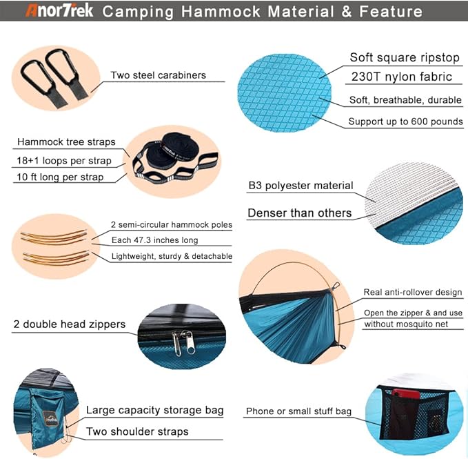 Professional Camping Hammocks with Mosquito Net Lightweight Double for Camping Hiking &amp Backpacking | Includes Two 10 FT Tree Straps 230T Nylon Design