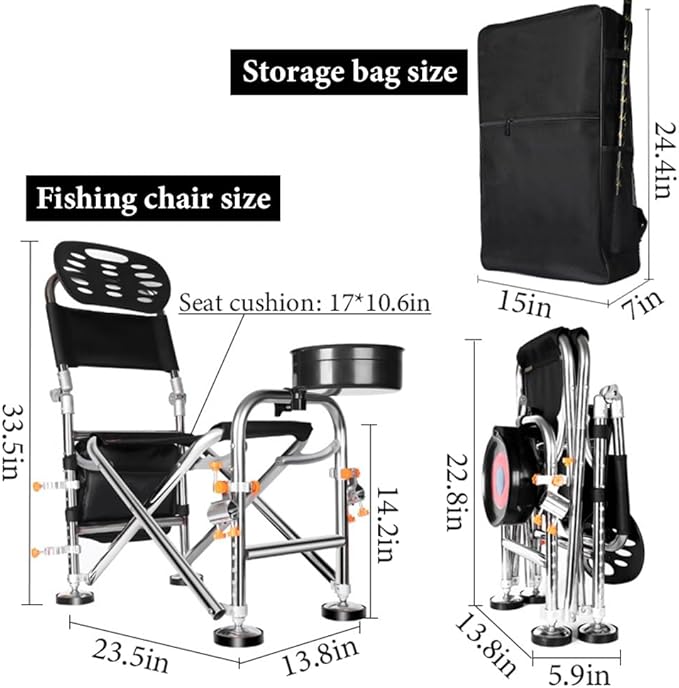 Fishing Chair with Rod Holder Folding Ice Fishing Chair Multi-Functional Stainless Steel Fishing Stool Height Retractable 10.5 Inch Backrest Adjustable 180° with Portable Storage Bag