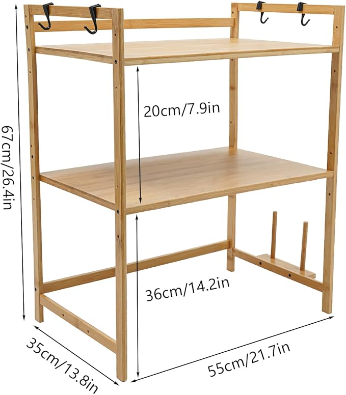 2 Tier Bamboo Kitchen Countertop Microwave Shelf with 4 HooksAdjustable Spice RackKitchen Counter Storage ShelfWood Color