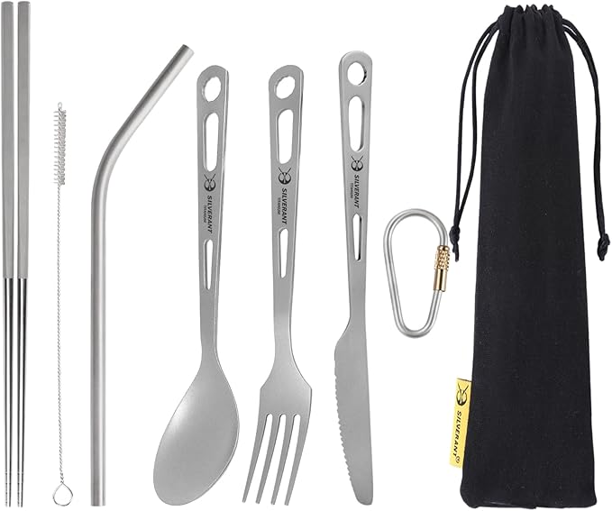 SILVERANT Titanium Camping Flatware Titanium Spork Spoon Chopsticks Knife Straw Cutlery Set PortableTableware for Lunch Box Outdoor &amp Hiking Comes with Drawstring Bag &amp Carabiner- Sandblaste