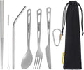 SILVERANT Titanium Camping Flatware Titanium Spork Spoon Chopsticks Knife Straw Cutlery Set PortableTableware for Lunch Box Outdoor &amp Hiking Comes with Drawstring Bag &amp Carabiner- Sandblaste