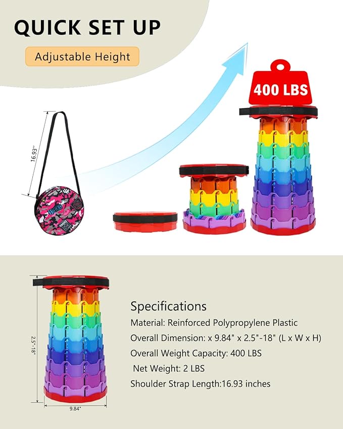 Upgraded Collapsible Stool 400LBS - Portable Adjustable Height (2.5-18) Quick Open Folding Seat for Camping Beach Travel (Rainbow Red)