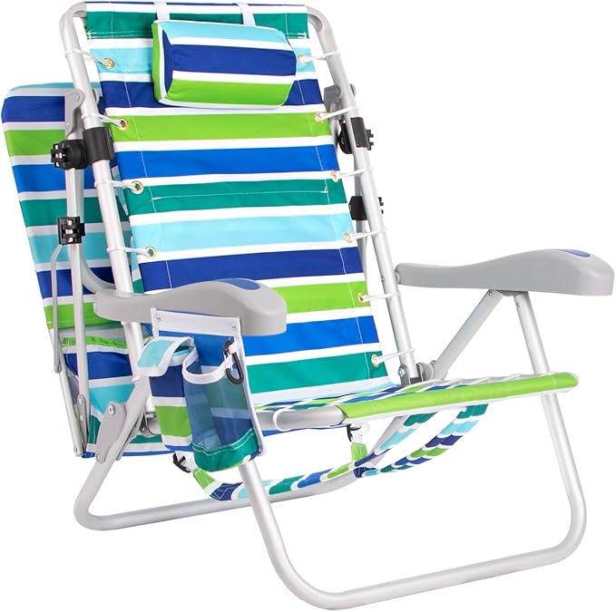 Ultimate Heavy Duty Aluminum Lace-Up Folding Backpack Beach Chair for Adults | Low Seat Lay Flat 5 Reclining Positions | Removable Insulated Cooler Pouch &amp Canopy for UV Protection