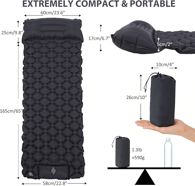 Sleeping Pad 40D Nylon Camping Mat with Pillow Built-in Foot Pump Inflatable Sleeping Mat Compact Portable Waterproof Air Mattress for Outdoor Camping Hiking Backpacking Single (Gray)