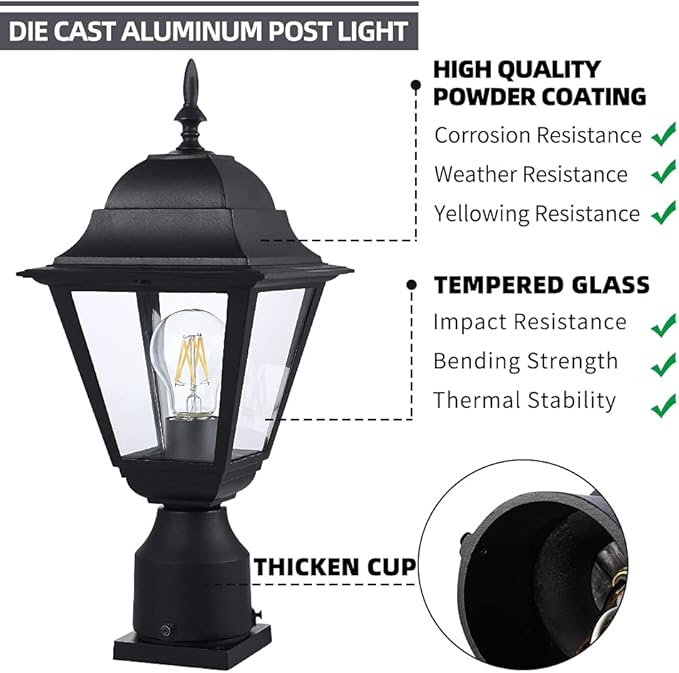Outdoor Post LightWaterproof Cast Aluminium Lamp Post Light FixturePost Lantern with Pier Mount BaseMatte Black16.5inSuitable for GardenYardDrivewayetc