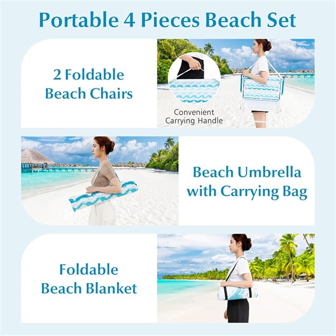 Portable 4 Pieces Beach Set with 6.2ft Sun-Proof Umbrella 2 Foldable Chairs and 80 x 80 Waterproof Blanket 30° Tilt System Umbrella with Sand Anchor &amp Carrying Bag for Picnic &amp Camping (Bl