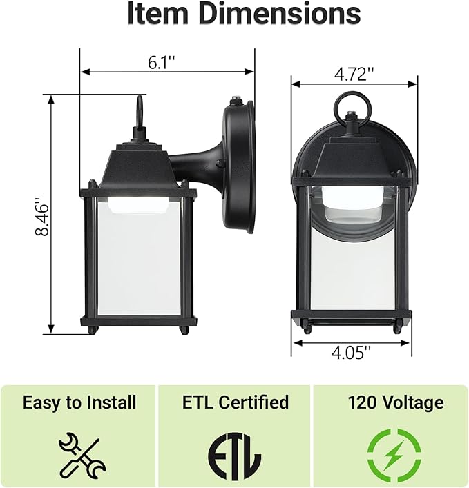 LIT-PaTH Dusk to Dawn Outdoor Wall Lantern LED Wall Sconce 5000K Daylight White 9.5W 800 Lumen Aluminum Housing Plus Glass Outdoor Rated 2-Pack Black