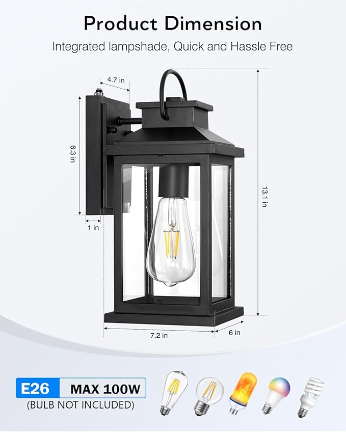 VIANIS Outdoor Wall Lantern Modern Black Exterior Porch Lights Wall Mount Light Fixture 100% Aluminum Waterproof Outside Lights for House Dusk to Dawn Outdoor Sconce Lights for Garage Patio 2-Pack