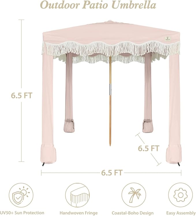 AMMSUN Beach Cabana with Fringe 6.5' x 6.5' Boho Beach Canopy with Tassels Easy Set up &amp Premium Wood Pole Cabana Tent with Sand Pockets Instant Sun Shade for Sand Garden Patio Pink Coral