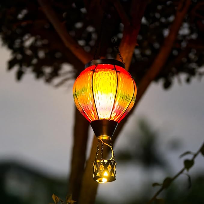 DREAMSOUL 2 PCS Solar Hot Air Balloon Lantern with Flame Glass Hanging Solar Lanterns Outdoor Waterproof for Lawn Patio Porch Decor