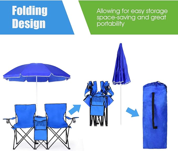 Goplus Double Camping Chair with Umbrella Folding Loveseat Chairs w/Canopy Shade Carrying Bag Table Cup Holder Portable Beach Chairs Outdoor Picnic Patio (Blue)