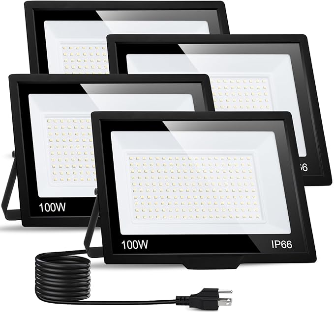 4 Pack 100W LED Flood Light Outdoor with Plug IP66 Waterproof Exterior Security Floolights 12000LM Super Bright LED Work Light 5000K Daylight White Floodlights for Yard Stadium Patio Playground