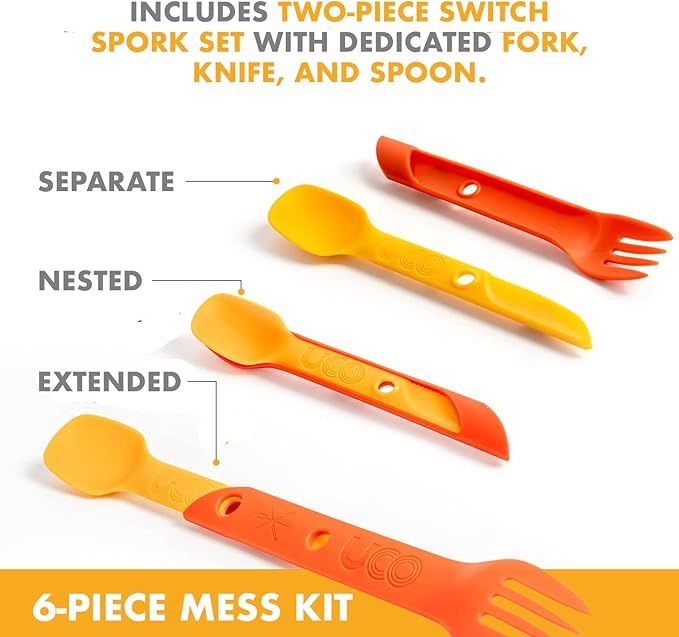 UCO 6-Piece Camping Mess Kit with Bowl Plate Collapsible Cup and Switch Camping Spork