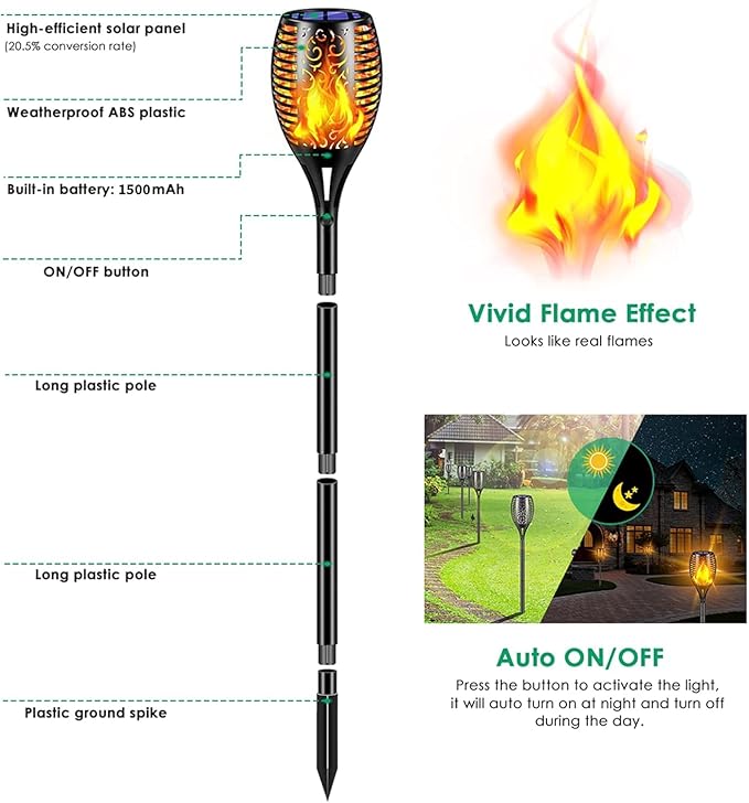 TomCare Solar Lights Outdoor 99 LED Higher &amp Larger Flickering Flame Solar Torch Lights 43 Waterproof Outdoor Lighting Solar Powered Pathway Lights for Garden Patio Yard 6Pack