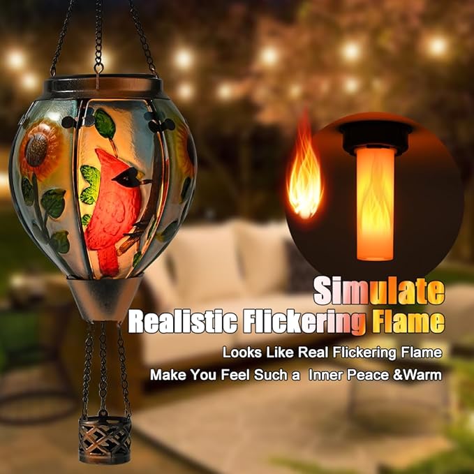 Hot Air Balloon Solar Lantern - Large Cardinal Bird Glass Lantern Simulated Flickering &amp Dancing Flame Big Outdoor Hanging Sunflower Yard Light Waterproof IP65 for Patio Lawn Porch Decor Gift