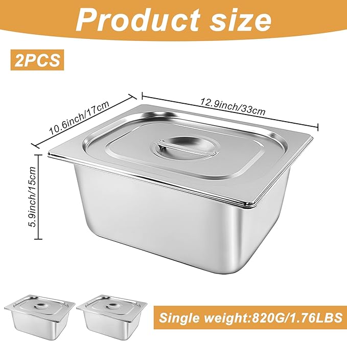 2 Pack 1/2 Size Stainless Steel Steam Table Pans with Lid Anti Clogging Anti Rust for Hotel Buffet
