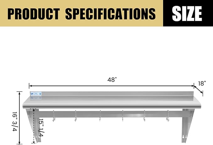 Hally Stainless Steel Shelf with 6 Hooks 18 x 48 Wall Mounted Pot Rack 400lb NSF Commercial Floating Shelving for Storage Hanging Pots Pans cookware in Restaurant Kitchen Home and Hotel