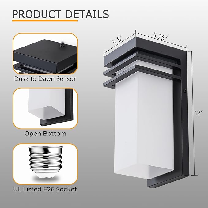 Dusk to Dawn Outdoor Wall Sconce Black Modern Wall Lights Fixture with White Frosted Glass 12 inch Exterior Porch Sconce Lighting Wall Mount for House Patio E26 Base
