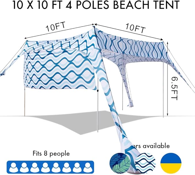 Beach Canopy Tent Shade with Sidewalls 10x10FT 6.6FT Tall UPF50+ Sun Shelter Windproof &amp Water Resistant Includes Guylines Sand Shovel Stability Poles Easy Up for Beach Outdoor Camping Backya