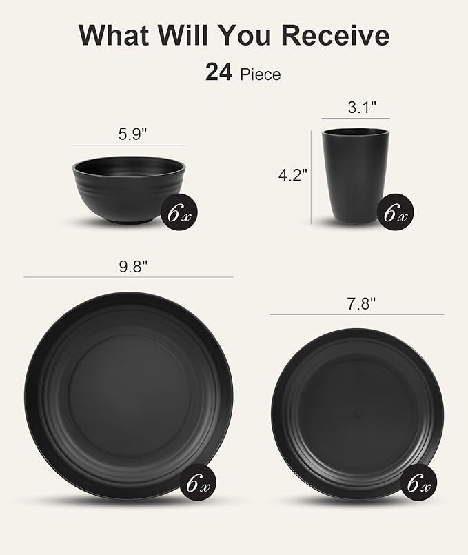 Quatish 24 Piece Plates and Bowls Sets for 6 Unbreakable Dinnerware Sets Plastic Dish Set for Camping Dishwasher Microwave Safe Outdoor Kitchen and Apartment Dinning RV Essentials Black