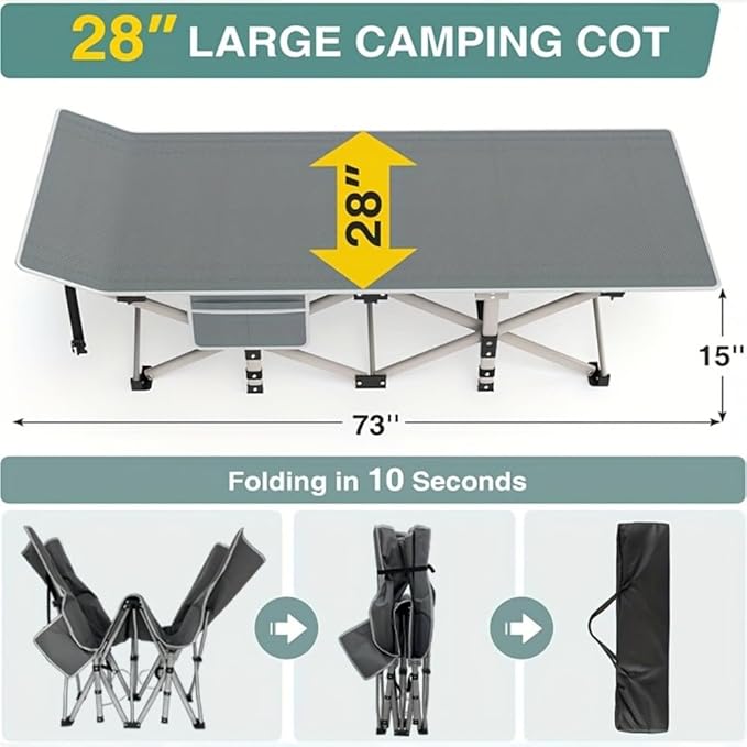 Oversized Heavy-Duty Outdoor Folding Bed with Side Pockets&ampMattress(Mini Model Optional)-755/655/55Lbs Super Capacity Camping CotGarden (Black (655lbs)