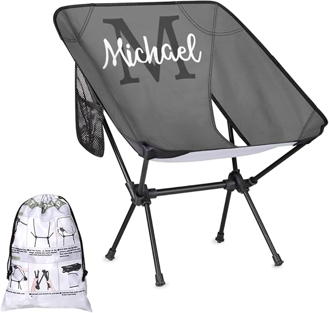 Custom Gray Portable Camping Chair Personalized Backpacking Chair with Name Lightweight Foldable Chairs for Hiking Beach