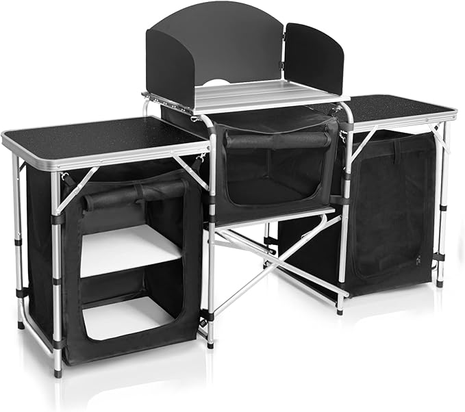 CampLand Folding Camping Kitchen Table with WindscreenPortable Outdoor Cooking Station with Storage Cabinet &amp Side Tables Heavy Duty Camp Cook Station for Camping &amp BBQ (Black3cabinet)