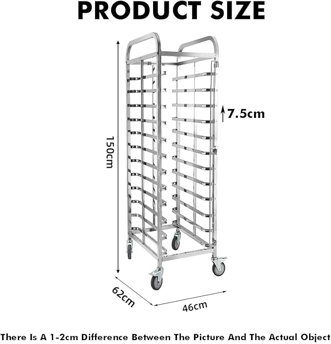 Quick Rack for Baking Pans12/15-Tier Stainless Steel Bread Pan Rack with Wheels - Heavy-Duty Baking Tray Storage for Bakeries Restaurants &amp Food Service (150x62x46cm)