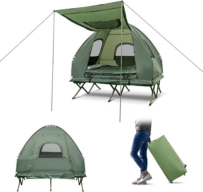 DORTALA 2-Person Tent Cot Foldable Elevated Camping Tent w/Air Mattress &amp Sleeping Bag Portable Dome Camping Tent Cot for Hiking Camping &amp Picnic
