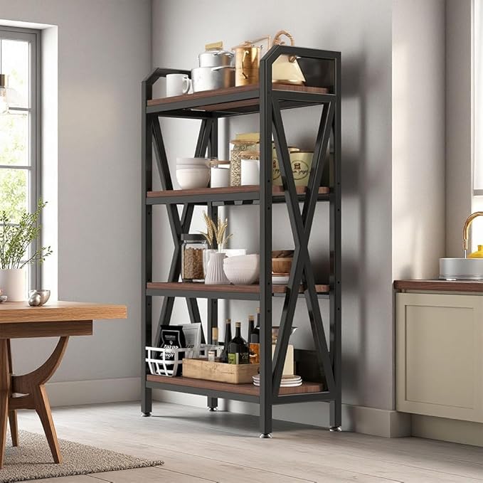 4-Tier Kitchen Baker's Rack with Storage Heavy Duty Microwave Stand Kitchen Utility Shelf with Metal Frame Adjustable Industrial Organizer Rack for Living Room Garage Home and Office