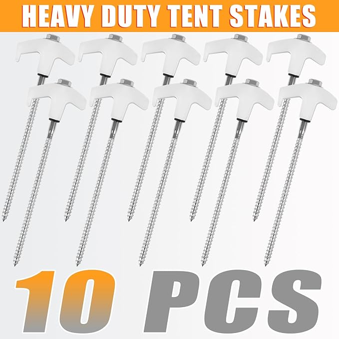 10 Pcs 8 Heavy Duty Drill Tent Stakes with Storage Bag Glow-in-The-Dark Ground Anchor Peg Metal Threaded Screw-in Tent Stake for Camping Swing Canopies with 1 Hex Nut Driver Peg Puller