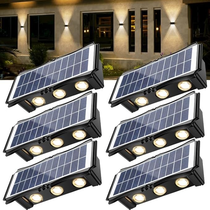 Solar Step Lights Outdoor 6 Pack 1500mAh Wall LightsFence Lights Solar Powered IP65 Outdoor Up and Down Solar Lighting for Step Wall Fence