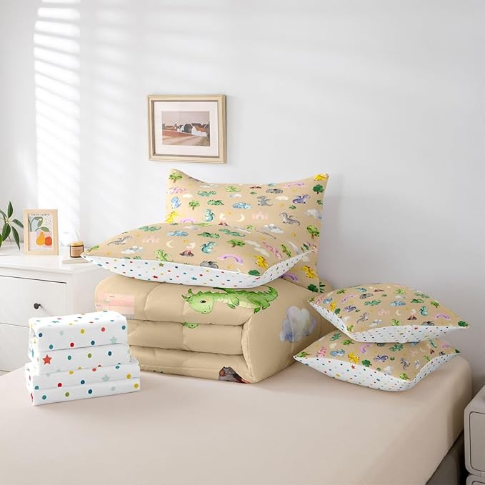 Baby Dragon 7 Piece Bedding Set King Size Animal Comforter Set with SheetsPillowcases &amp Cushion Cover for Boys Girls Bedroom Decor Cartoon Wildlife Bed in a Bag Microfiber Women Men Brown Beige