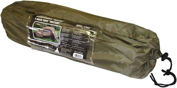 Mil-Tec Recom 1-Person Compact Lightweight Durable Weatherproof Wind &amp Storm-Resistant Easy-to-Install Tactical Outdoor Hiking Camping Tent with Zipper Entrance &amp Mosquito Net