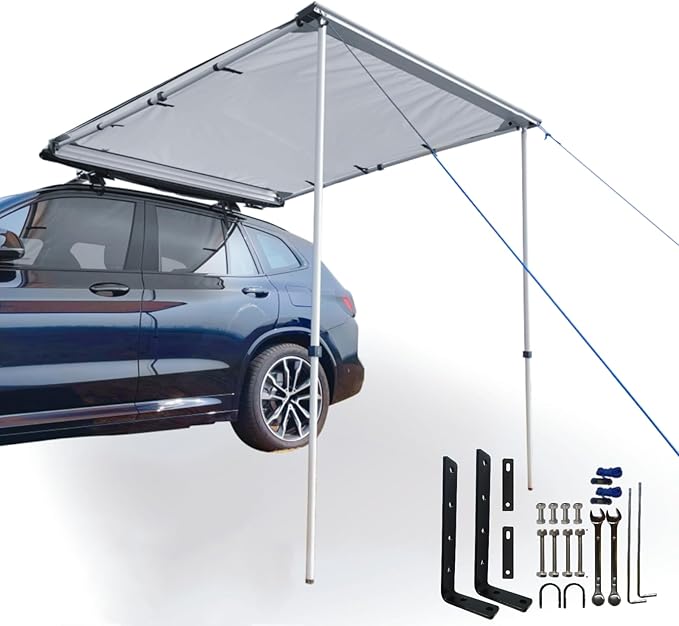 DANCHEL OUTDOOR Car Awning 8.2x9.8ft Roof Rack Pull-Out Sun Shelter Canopy Waterproof 4x4 Vehicle Side Overland Awning Camping Gray
