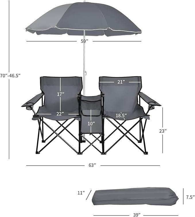 Goplus Double Camping Chair with Umbrella Folding Loveseat Chairs w/Canopy Shade Carrying Bag Table Cup Holder Portable Beach Chairs Outdoor Picnic Patio (Grey)