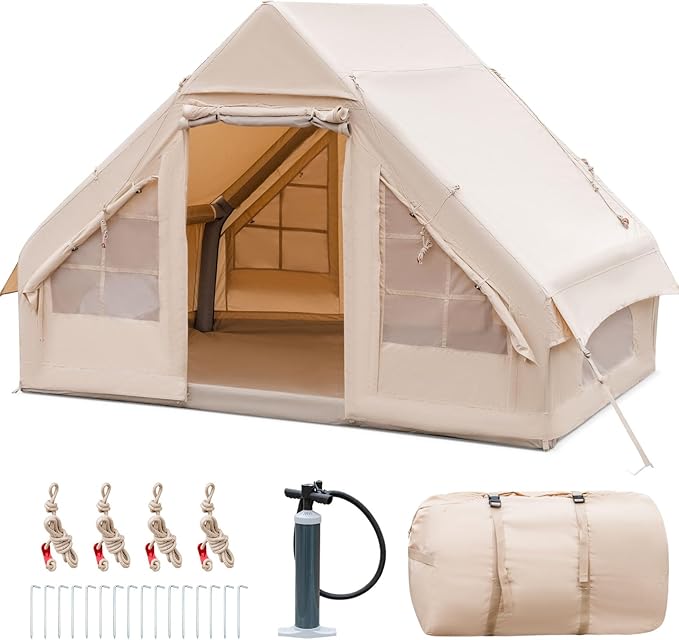 KOTEK Inflatable Camping Tent with Pump Easy Setup Air Glamping Tents for 4-6 Persons Inflatable Cabin Tent with Mesh Windows &amp Doors 4 Season Blow up Tent Portable with Carry Bag