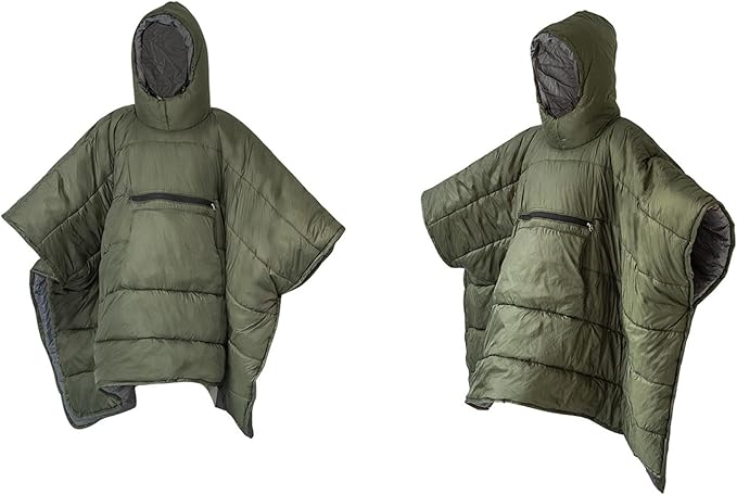 Portable Self-Folding Cotton Blanket Camping Warm Poncho Sleep Bag Outdoor Warm Wearable Cloak with Large Pockets