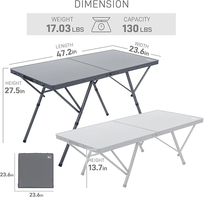 EVER ADVANCED Large Camping Table for 4-6 Person Portable Folding Aluminum Table with Carrying Handle Suitable for BBQ Picnic Camping and Indoor Use Support up to 130LBS Gray