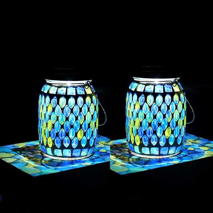 Solar Mosaic 2pack Outdoor Waterproof Cool Blue Mosaic jar Decor Christmas Gifts for Women Mom Grandma Halloween Hanging Solar Lights Decoration Outside for Yard PatioBackyardPorch (Contemporary)
