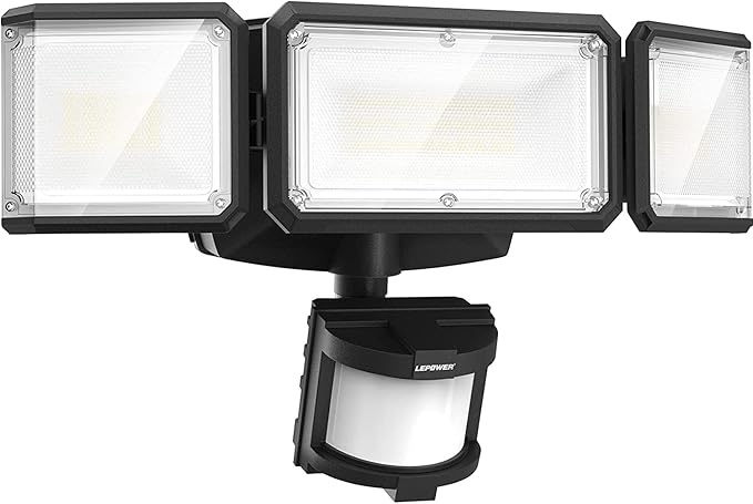 LEPOWER Battery Powered LED Flood Light Outdoor1500LM Motion Sensor Security Lights IP65 WaterproofWireless Flood Light Battery Operated3 Head Motion Detector Light for GarageYardPorch(Black)