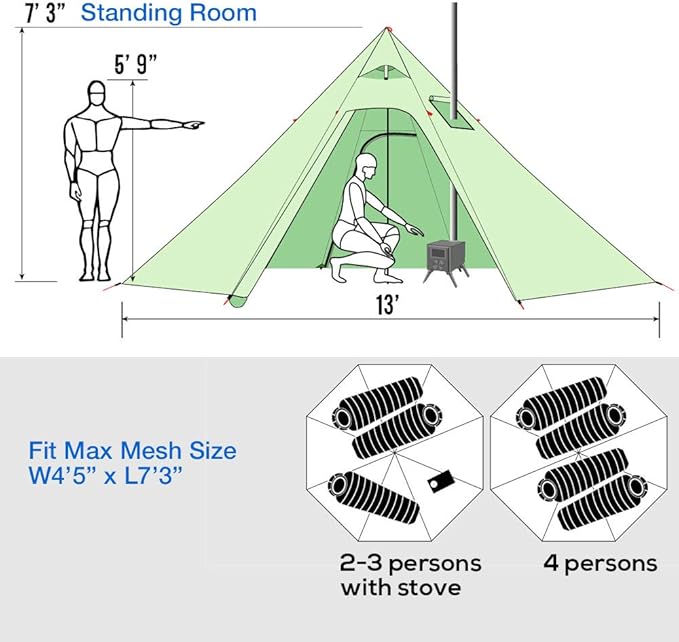 PRESELF 2-3 Person Tipi Hot Tent Version2 with Stove Jack for Hunting Bushcraft Lightweight Standing Room Teepee Backpacking Camping Hiking