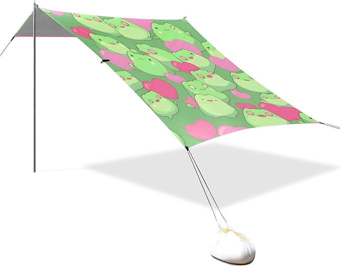 ALAZA Cute Frogs Hearts Beach Tent Sun Shelter UPF50+ Protection Beach Shade Canopy w/ 4 Sandbags for Outdoor Camping Fishing Backyard Fun Picnic 10x9 ft
